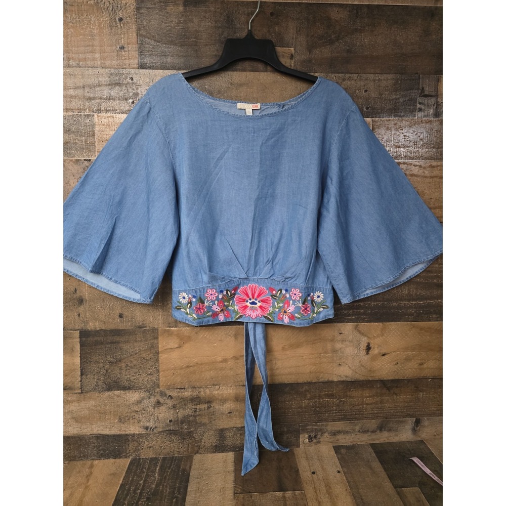 Women Chambray Boho Embroidered Top XL Floral Fairycore Festival Romance